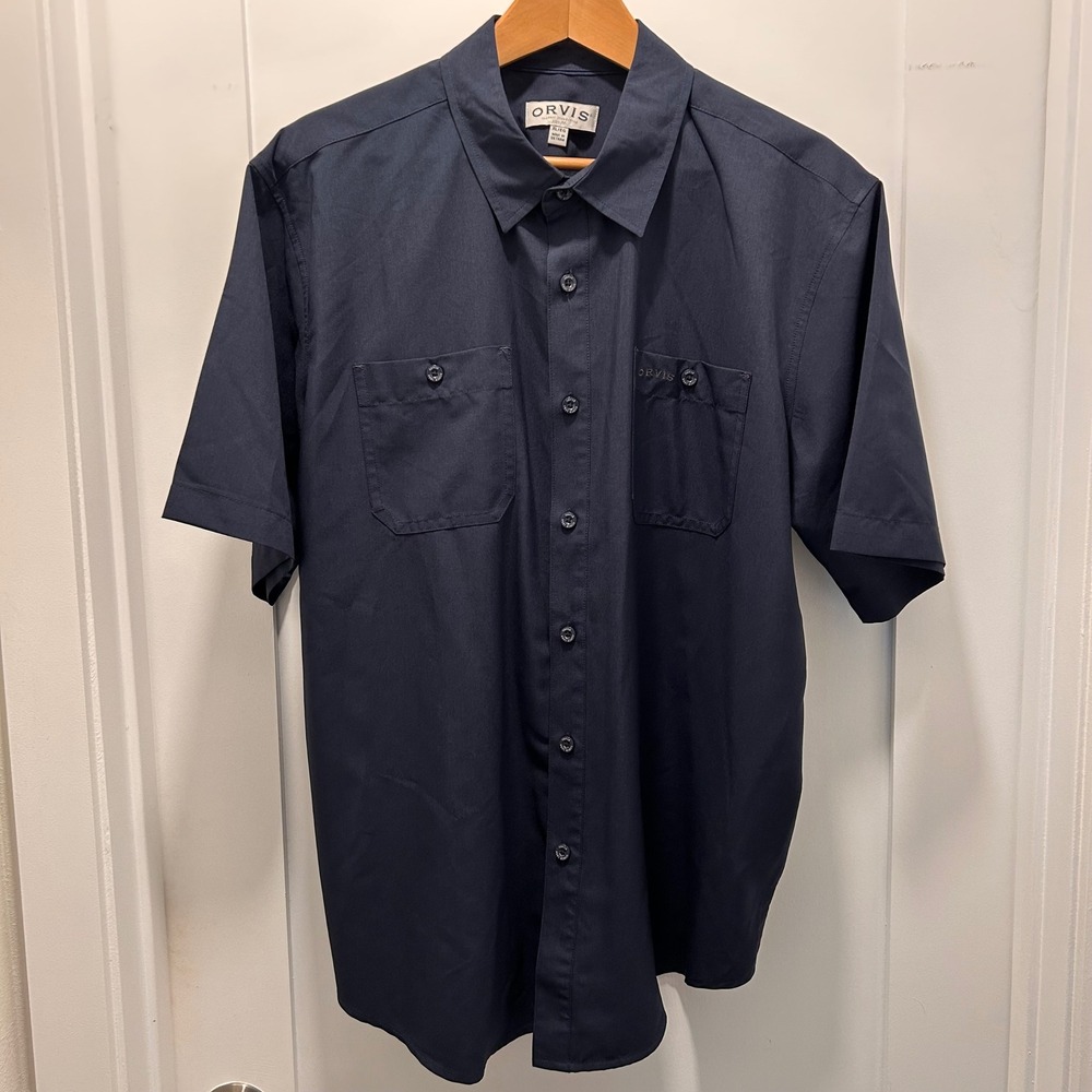Orvis Classic Collection Short Sleeve Button Shirt Men's XL Navy Blue Woven Tech